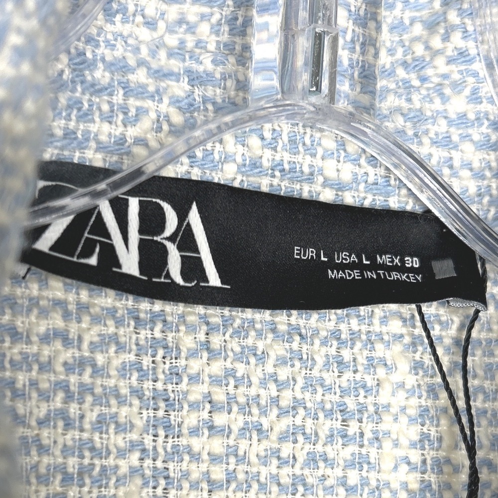 ZARA Light Blue White Tweed Fringe Vest Jacket Size L women New no‎ tags - Picture 3 of 4